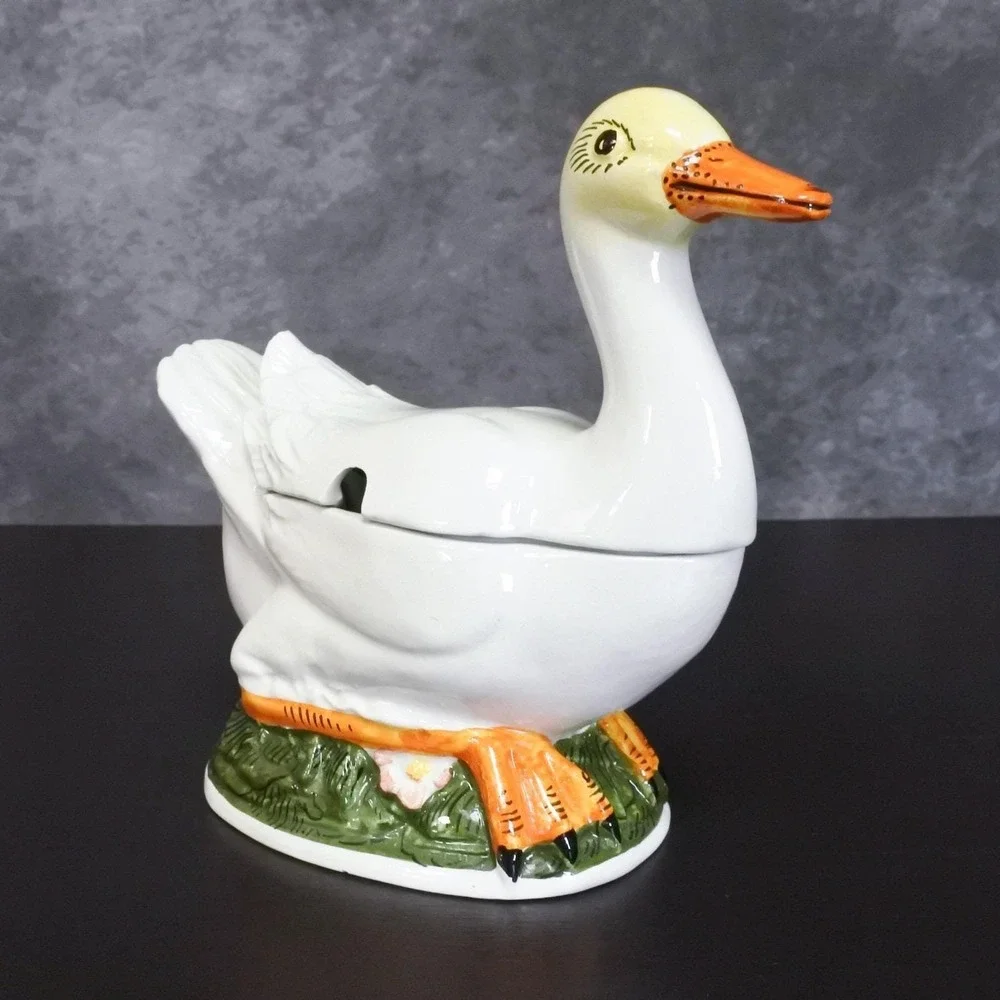 Vintage Majolica Hand Painted Duck Farmhouse Shabby Sauce Gravy Boat